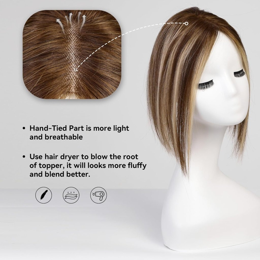 Remy Human Hair Toppers for Women Hand-Tied Hair Toppers with Swiss Lace Base 12in