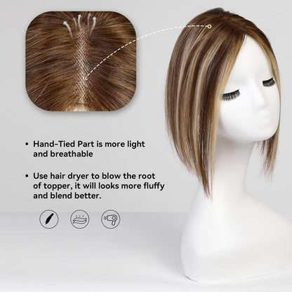 Remy Human Hair Toppers for Women Hand-Tied Hair Toppers with Swiss Lace Base 12in