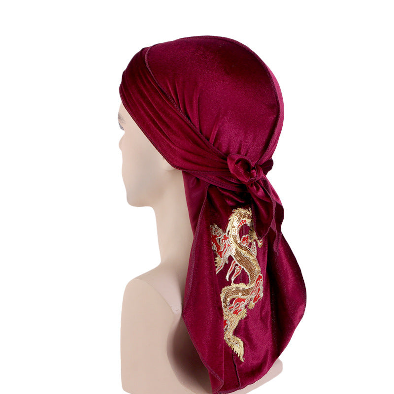 Autumn and Winter thickened gold velvet long tail pirate hat Chinese dragon hot stamping strap hip hop cloak DURAG