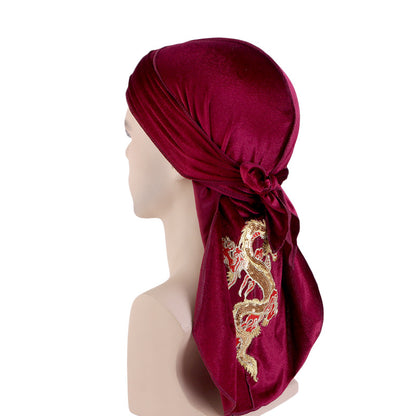 Autumn and Winter thickened gold velvet long tail pirate hat Chinese dragon hot stamping strap hip hop cloak DURAG