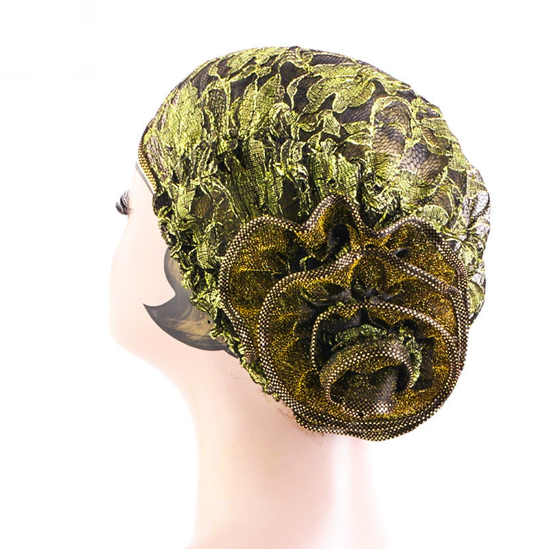 New Breathable Shiny Lace Large Flower Headscarf Hat Versatile Retro Fashion Hat Tjm-202