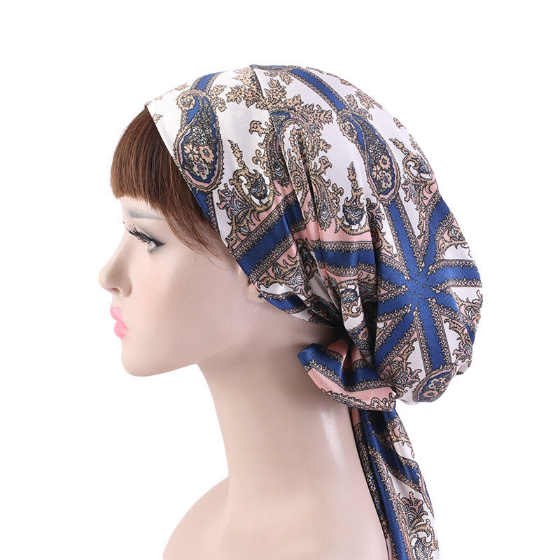 Cross-border source satin printed turban women's bandage turban hat pastoral style streamer braid hat TJM-226