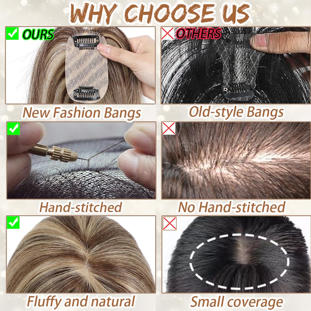Hair Toppers for Women Real Human Hair, Bangs Hair Clip 360° 3D Cover Human Hair Topper with Bangs