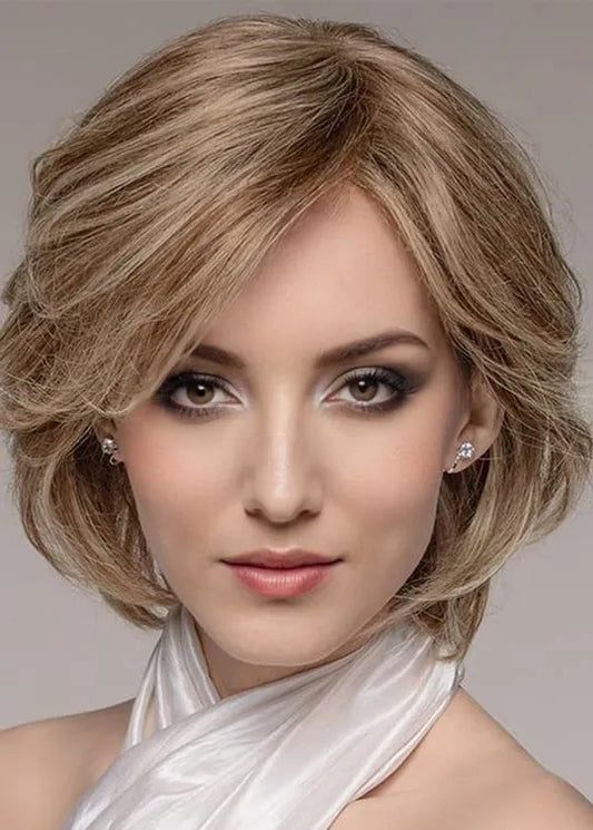 Natural Looking Women's Short Layered Wavy Hairstyle Human Hair Capless Wigs 12Inch