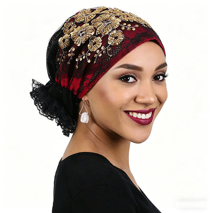 Lace Beaded Sequin Floral Turban Hat, Base Hat, Head Wrap Hat, Mesh Hair Protection Hat Jdt-523