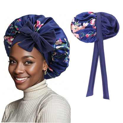 Amazon Source Double-Layer Printed Satin Sleep Cap with Wide Elastic Ribbon, Turban Hat, Tie-On Shower Cap