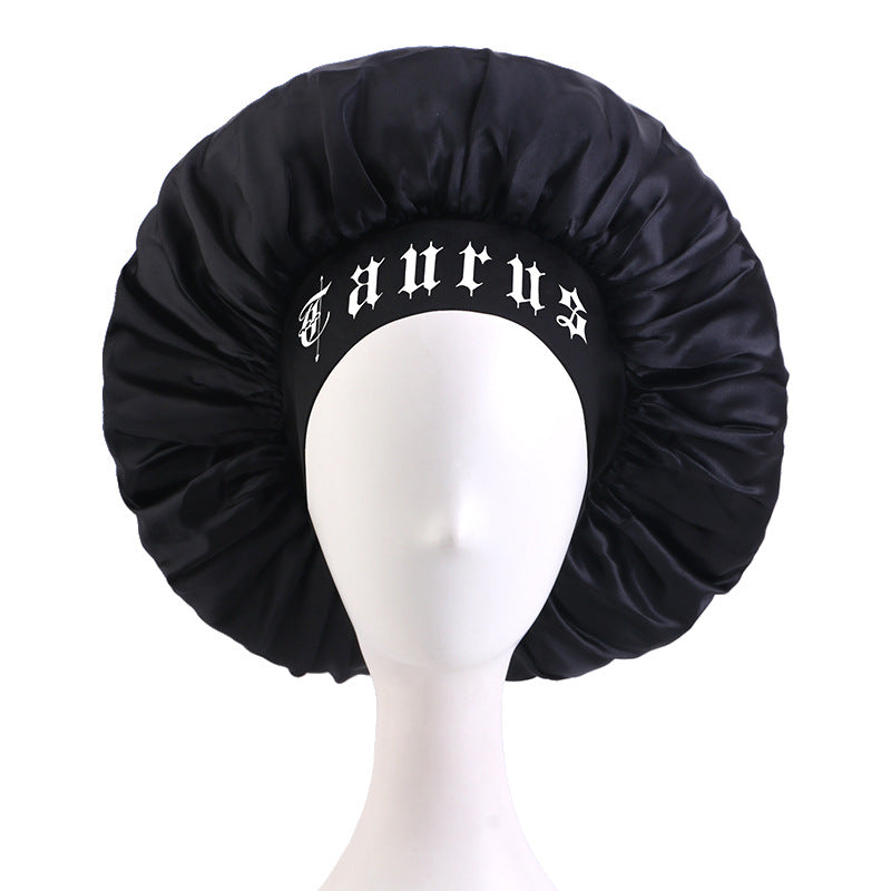 12 Constellation Solid Color English LOGO Elastic Wide-brimmed Sardin Nightcap Women's Beauty Hat Hair Care Hat Cross-border Hat