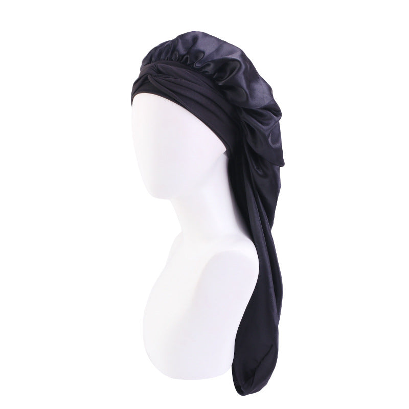 Wide-brimmed elastic ribbon women's headscarf hat perm hair care hat cross-border hot sale satin long nightcap