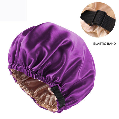 Cross-border supply of colored nightcap invisible flat adjustable buckle silk double shower cap beauty hair care hat