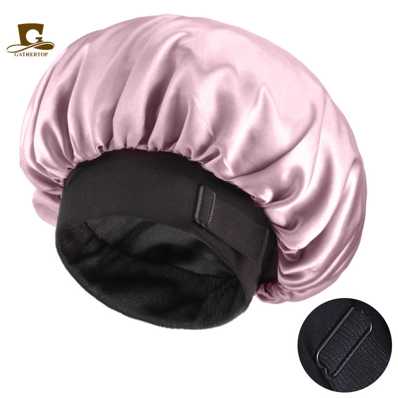 European and American New Style Large Invisible Adjustable Buckle Double-Layer Satin Wide-Brimmed Sleep Cap Hair Care Turban Hat Jdb-301-2C
