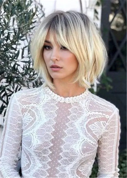 Parrucche di capelli umani ondulati Shagg Bangs Bob 12 pollici