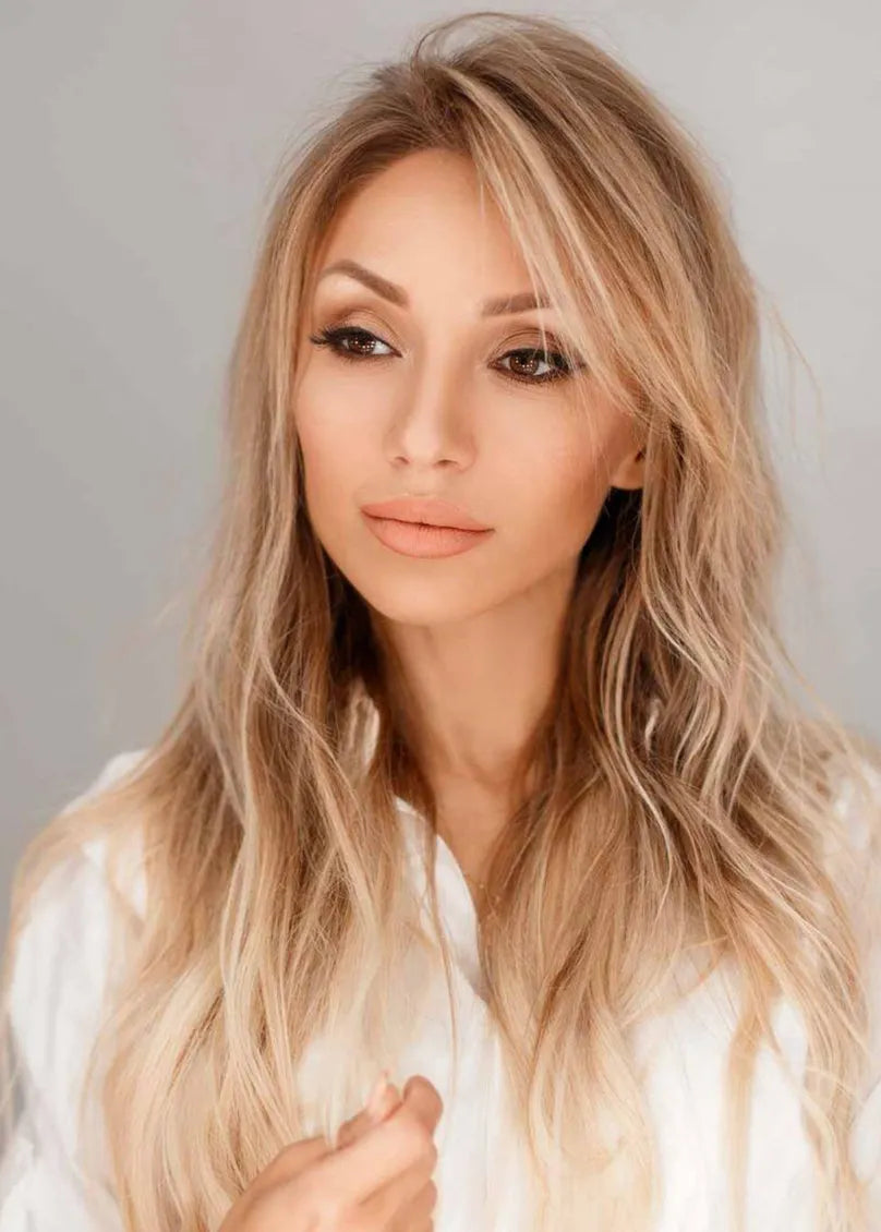 Shag-Haarschnitt, lange blonde, gewellte Kunsthaar-Perücken für Damen, ohne Kappe und Pony, 22 Zoll