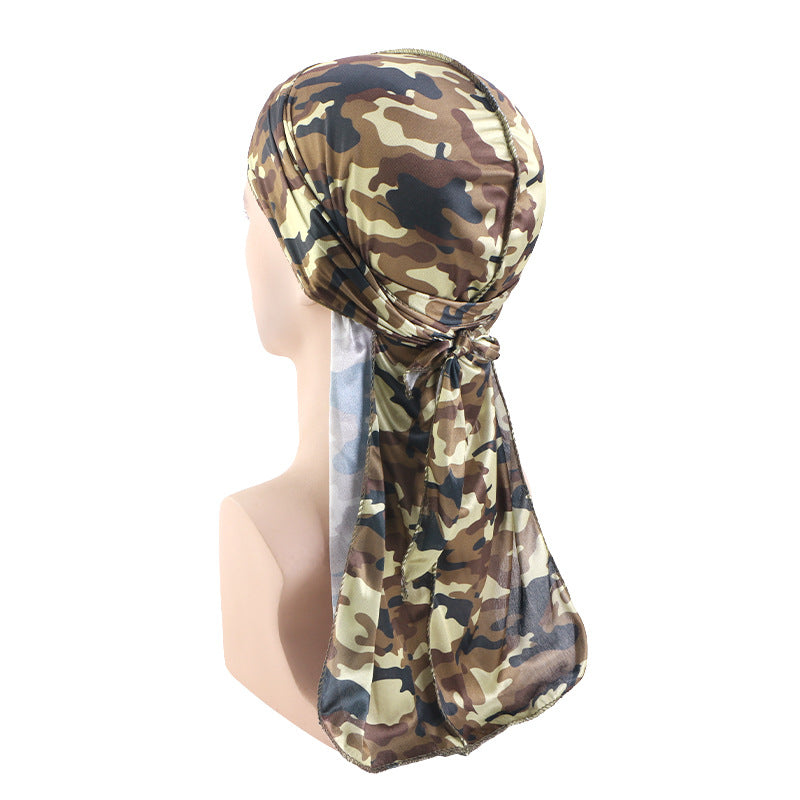 Cross-Border New Style Imitation Silk Camouflage Headscarf Hat, Long-Tailed Pirate Hat, Tie-On Head Wrap Hat Tjm-05-3H