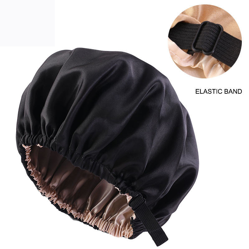 Cross-border supply of colored nightcap invisible flat adjustable buckle silk double shower cap beauty hair care hat