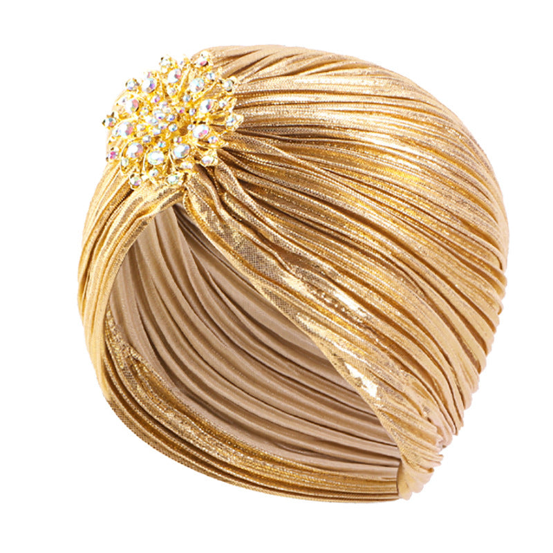Vintage Alloy Diamond Pleated Gold-Stamped Turban Hat Ethnic Headwrap Tjm-79G