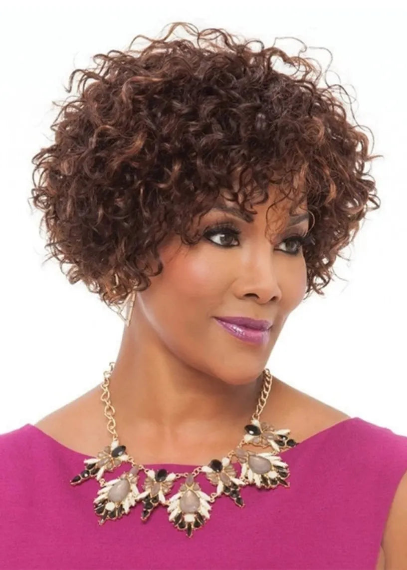 Women's Short Pixie Cut Human Hair Curly Wigs Lace Front Cap Wigs With Bangs 10Inch