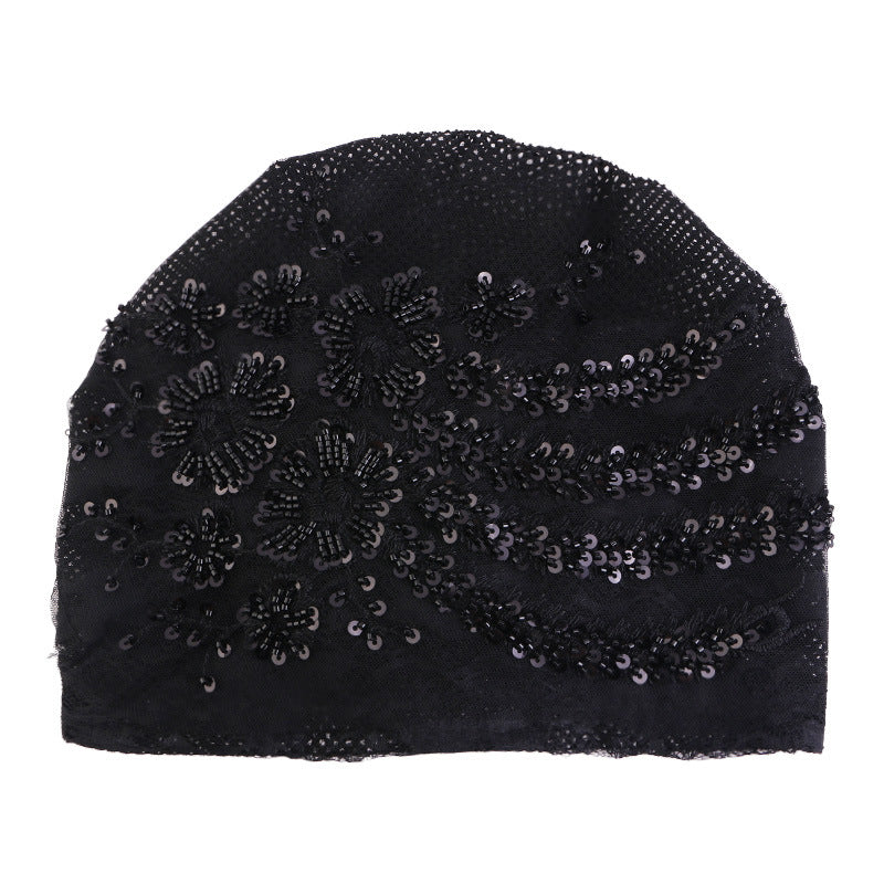 Lace Beaded Sequin Floral Turban Hat, Base Hat, Head Wrap Hat, Mesh Hair Protection Hat Jdt-523