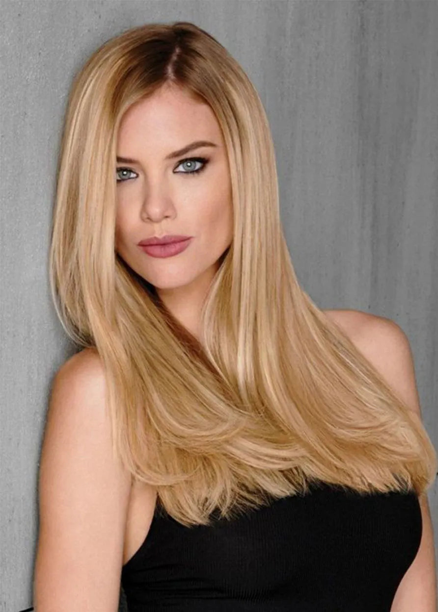 Natural Looking Blonde Color Women's Sexy Straight Human Hair Wigs Long Length Lace Front Cap Wigs 22Inch