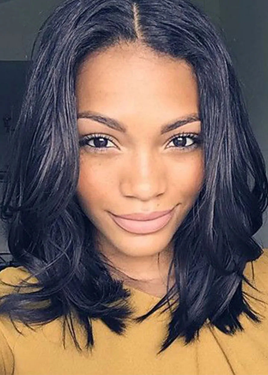 Middle Part Medium Length Hairstyles Women's Natural Wavy Synthetic Hair Wigs Capless Wigs 16Inch