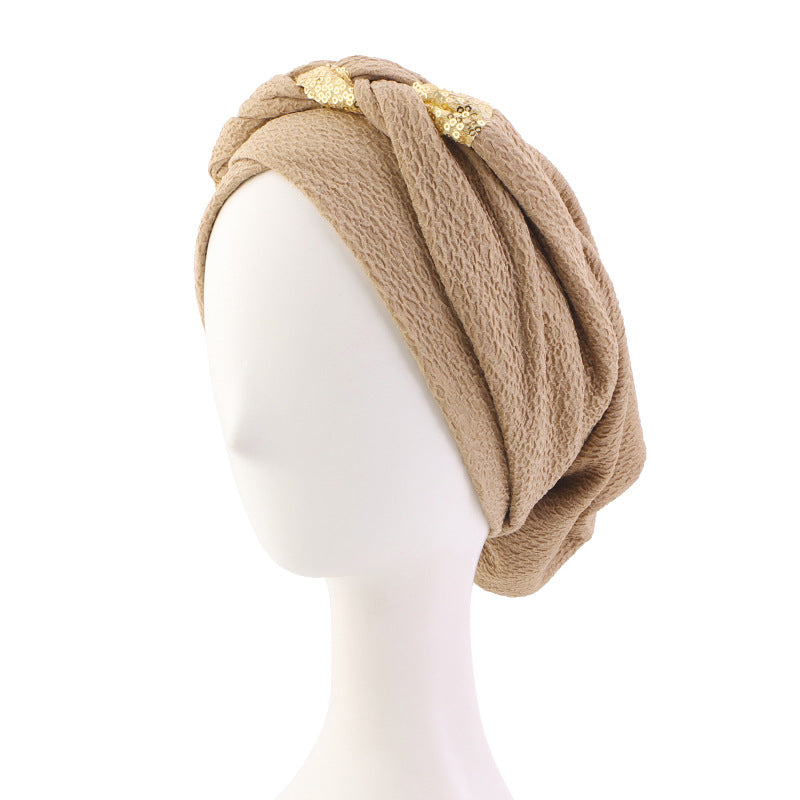 Cross-Border Solid Color Sequin Braided Cross-Turban Hat Small Hat Head Wrap Hair Protection Hat Jdt-429F