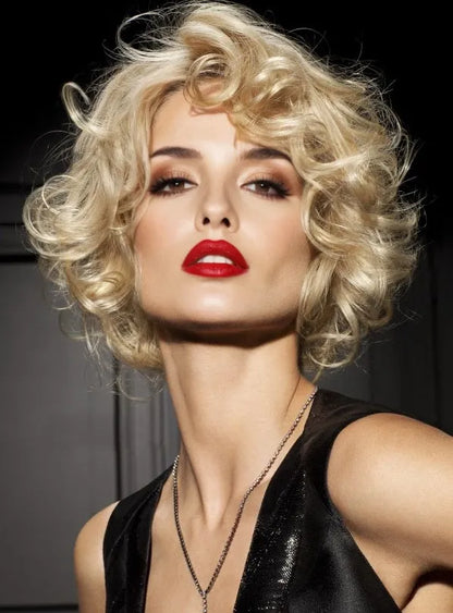 Parrucca bionda corta riccia in pizzo pieno meticolosamente progettata 100% capelli umani 10 pollici