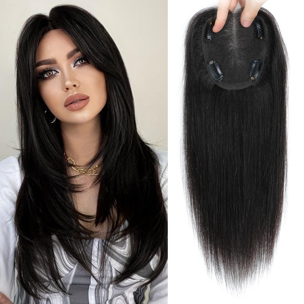 Hair Toppers for Women Real Human Hair 150% Density Clip In Topper Hairpieces 10 × 12CM Swiss Base Wiglet Top Hair Pieces for Women with Thinning Hair（12Inch,1B#）