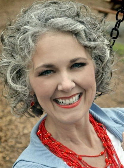 Salt And Pepper Hair Jerry Curly Synthetic Lace Front Wigs 12 Inches