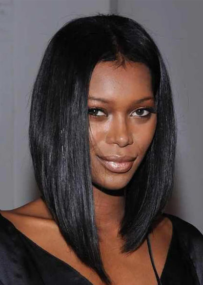 African American Women's Straight Middle Part Human Hair Lace Front Cap Wigs 16Inch