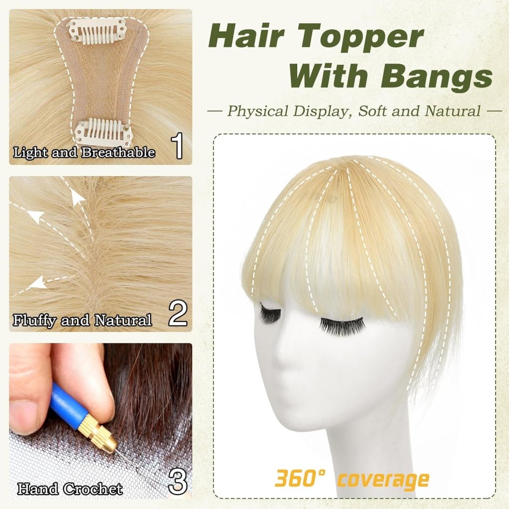 Clip in Bangs 100% Human Hair Toppers 360°3D Hair Pieces Clip On Air Bangs Extensions