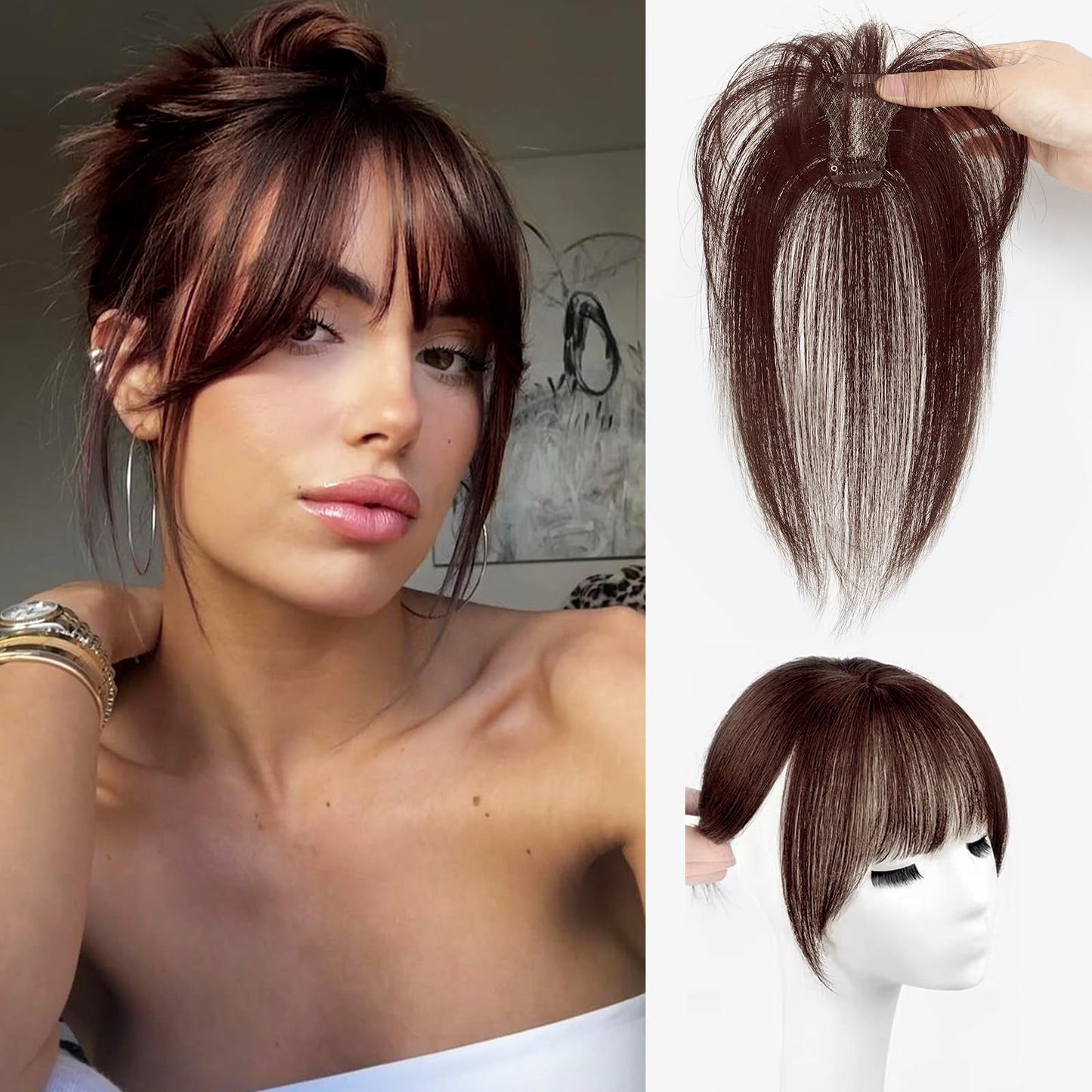 Clip in Bangs Hair Clip 100% Real Human Hair Toppers for women Clip on Bangs Human Hair with Lace Topper Bangs 360°Cover Clip on Bangs for Women Wispy Fake Bangs for Daily Wear