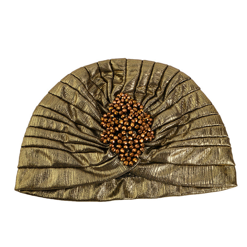 Cross-border Golden Diamond Retro Pleated Hood Bronzing Indian Hat Cloth Hat JDT-413C
