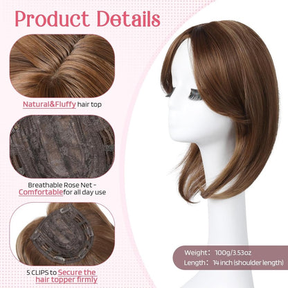 Short Layered Hair Topper with Bangs for Women with Thinning Hair 14 Inch 100% Human Hair Wigs Piece