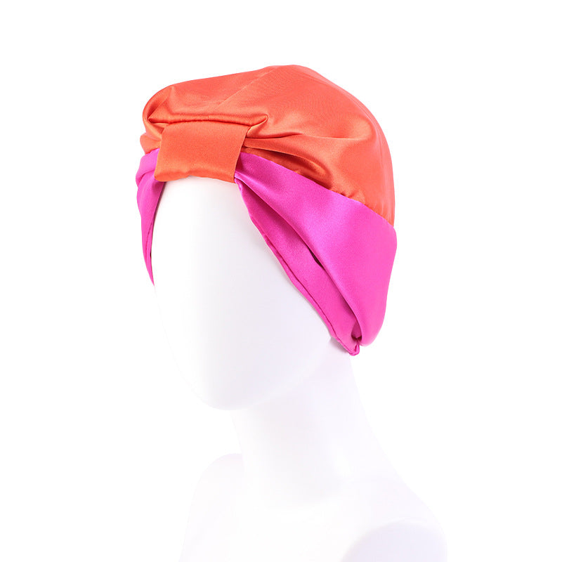 Cross-Border Hat Double-Layer Imitation Silk Nightcap Contrasting Color Knotted Turban Hat Washing and Chemical Clothing Factory Direct Sale