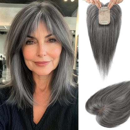 Human Hair Toppers for women 10 Inch Clip in Bangs 100％ Human Hair Toppers for Thinning Hair Cover Hair Pieces with Silk Base-Silver White