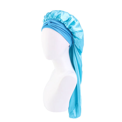 Wide-brimmed elastic ribbon women's headscarf hat perm hair care hat cross-border hot sale satin long nightcap