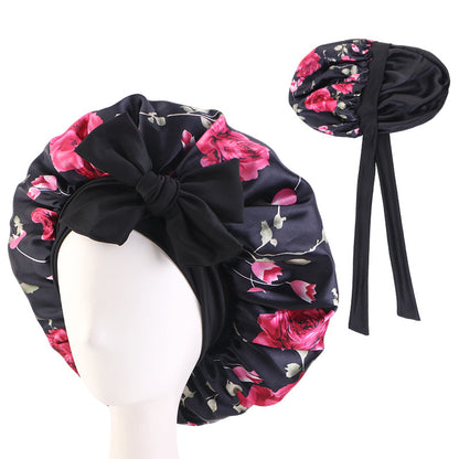 Amazon Source Double-Layer Printed Satin Sleep Cap with Wide Elastic Ribbon, Turban Hat, Tie-On Shower Cap