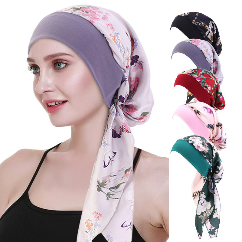 Pastoral Style Elastic Wide-Brimmed Imitation Silk Turban Hat, Long Tail Braid Hat, Chemotherapy Hat, Cross-Border Supply