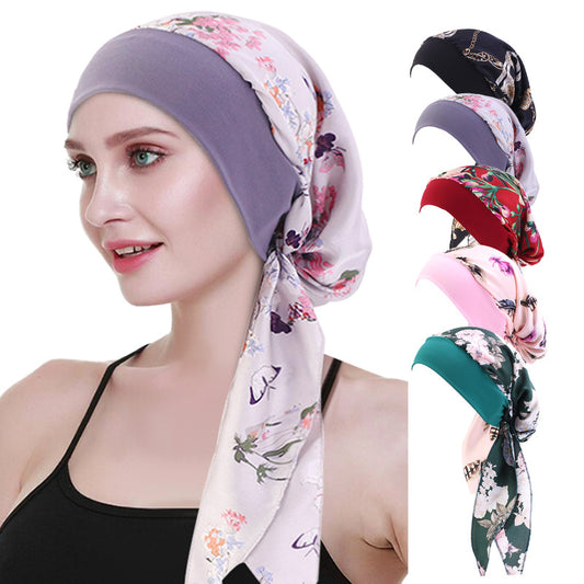Pastoral Style Elastic Wide-Brimmed Imitation Silk Turban Hat, Long Tail Braid Hat, Chemotherapy Hat, Cross-Border Supply