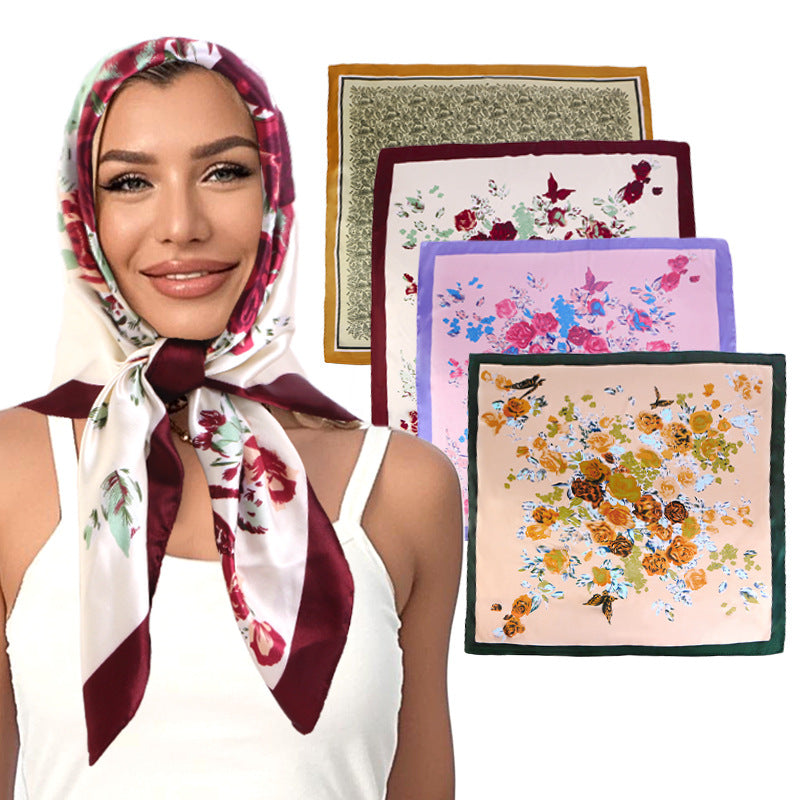 Amazon Women's Satin Square Scarf Imitation Silk Printed Head Scarf Silk Scarf Turban Hat Jdwj-28A