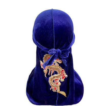 Autumn and Winter thickened gold velvet long tail pirate hat Chinese dragon hot stamping strap hip hop cloak DURAG