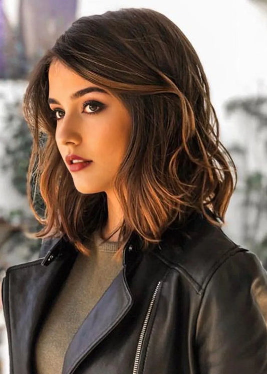 Elegant Middle Length Wavy Human Hair Lace Front  Wigs 16 Inches