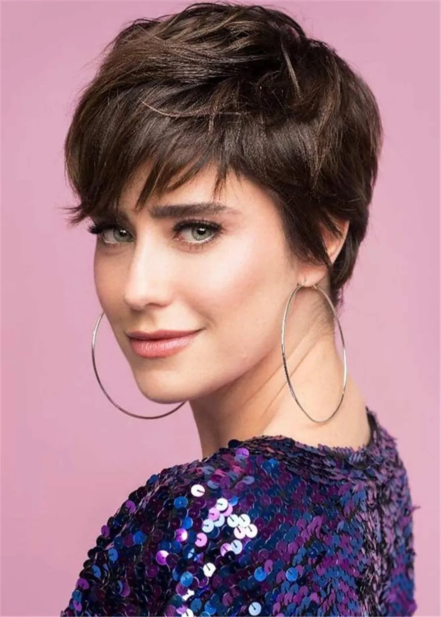 Short Haircut Natural Straight Layered Human Hair Capless Wigs 10Inch