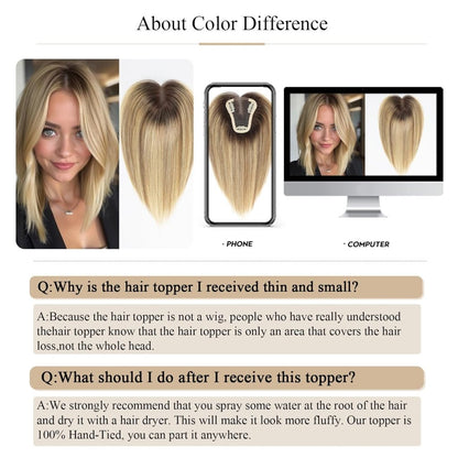 Remy Human Hair Toppers for Women Hand-Tied Hair Toppers with Swiss Lace Base 12in