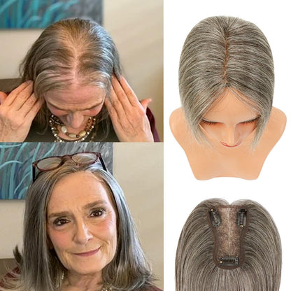 Hair Toppers for Women Gray Hair Toppers for Women 100% Remy Human Hair Grey Hair Toppers for Women with Thinning Hair Clip in Hair Toppers Short Hair Pieces for Women Real Hair Toppers Grey