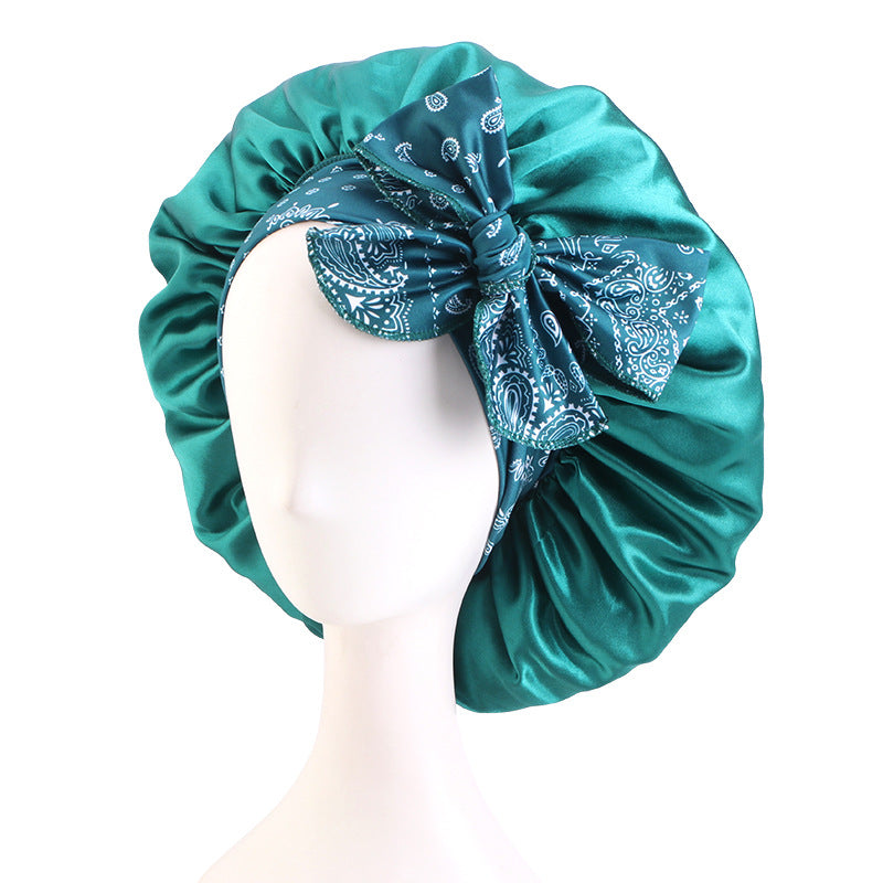 Cross border new cashew flower printed adjustable ribbon nightcap with wide edge straps and knotted headband hat JDB-528