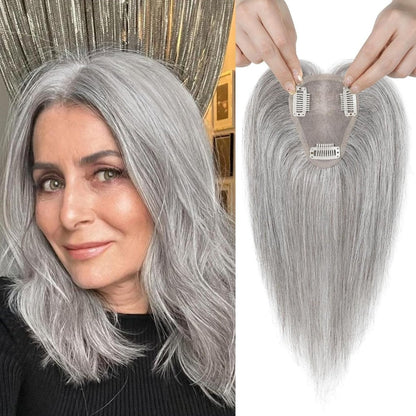 Real Human Hair Topper 10 inch Women Hair Toppers for Thinning Hair Light Grey Wigs