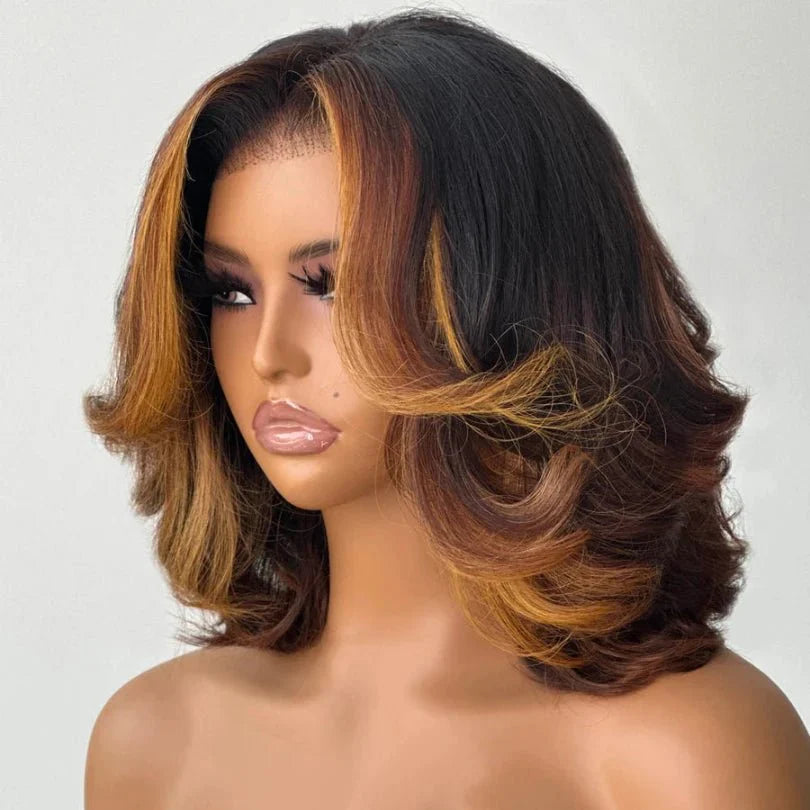 Highlights Layered Cut Bob Wig Mid-part Loose Wave Lace Wig