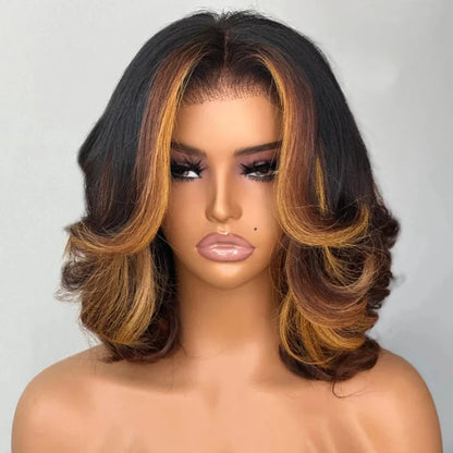 Highlights Layered Cut Bob Wig Mid-part Loose Wave Lace Wig