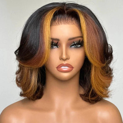 Highlights Layered Cut Bob Wig Mid-part Loose Wave Lace Wig