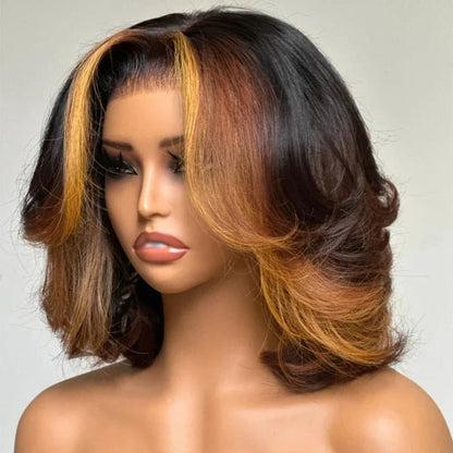 Highlights Layered Cut Bob Wig Mid-part Loose Wave Lace Wig